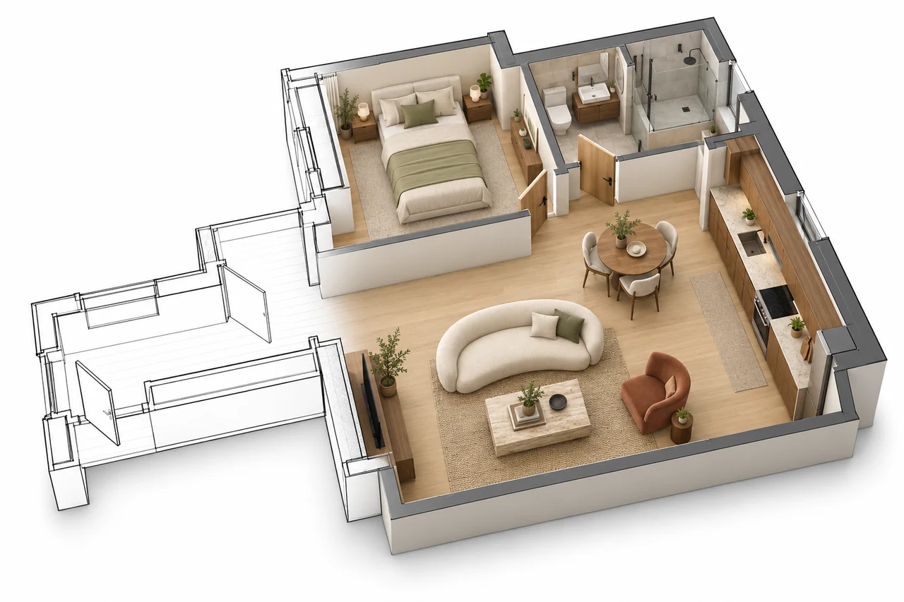 Example of an apartment floor plan transitioning from architectural linework to a furnished 3D visualization