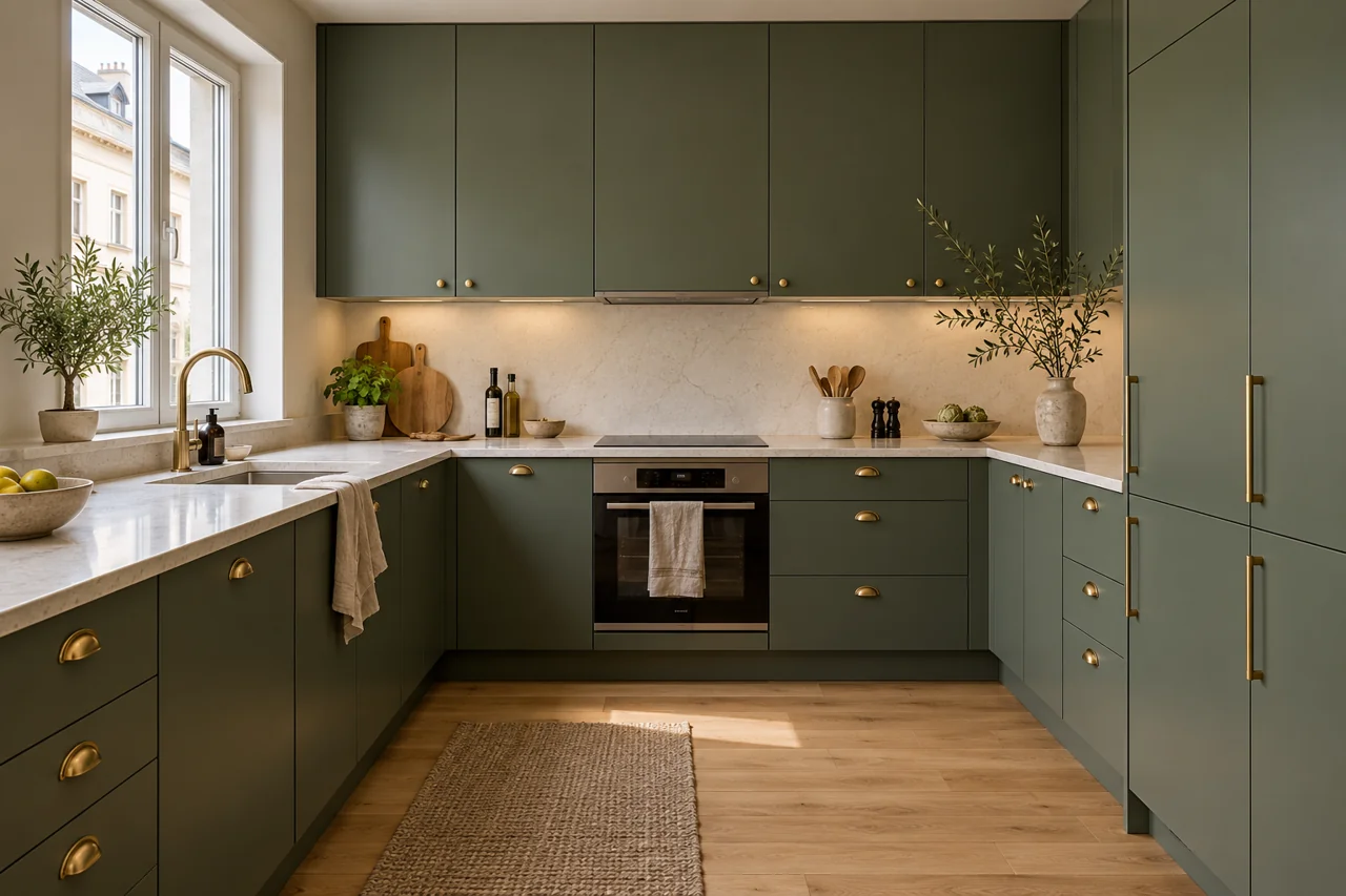 Kitchen renovation concept with sage green cabinets, pale stone countertops and oak flooring