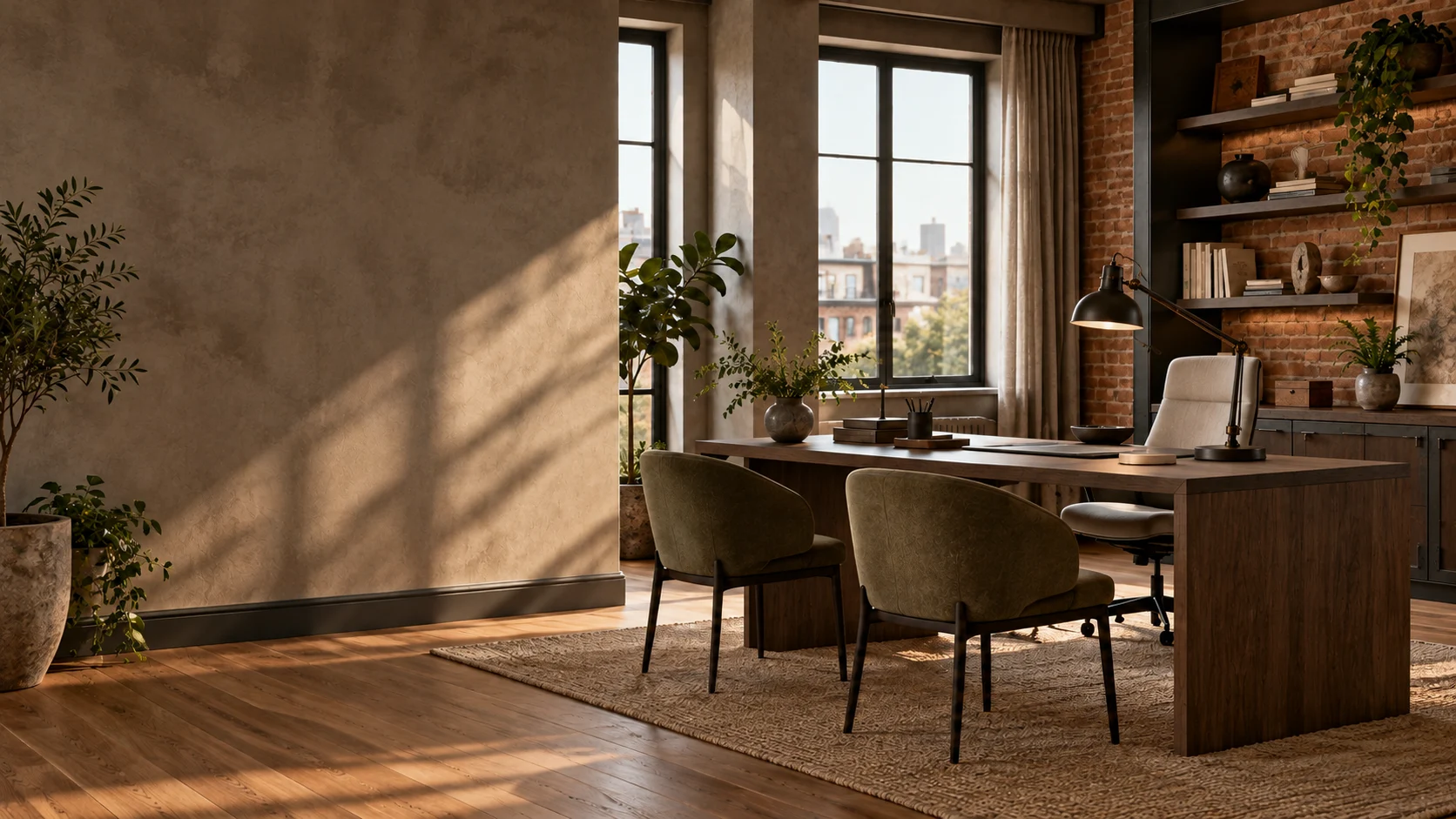 Same office restyled with darker wood, metal accents and brick