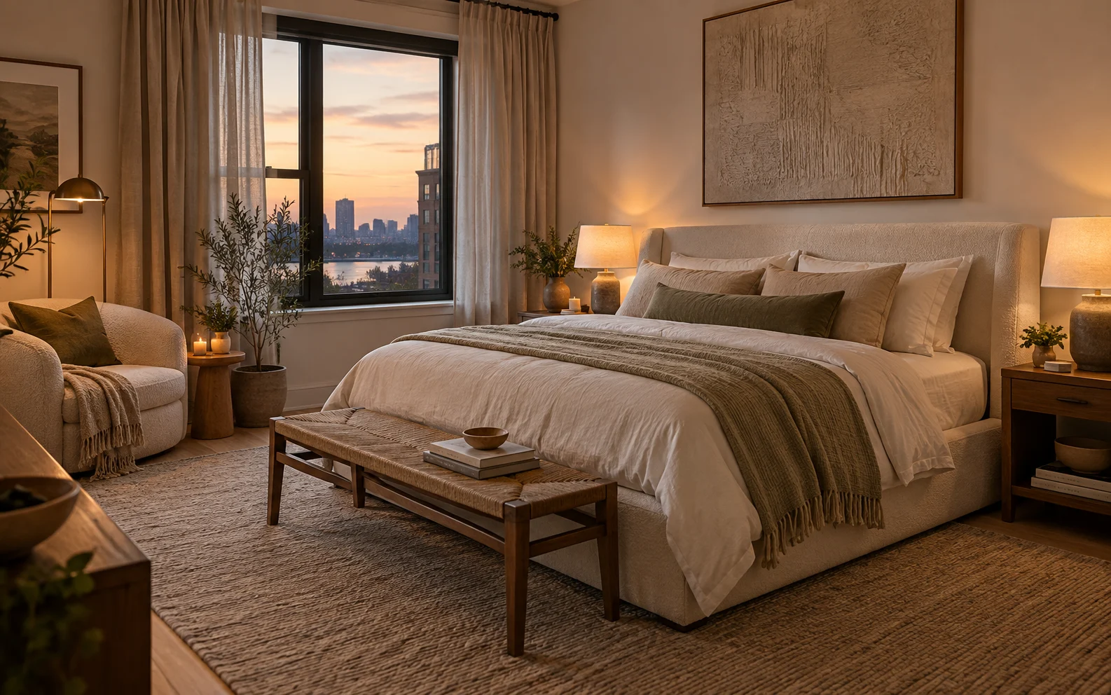 Cozy bedroom refreshed with warm lighting and layered textiles