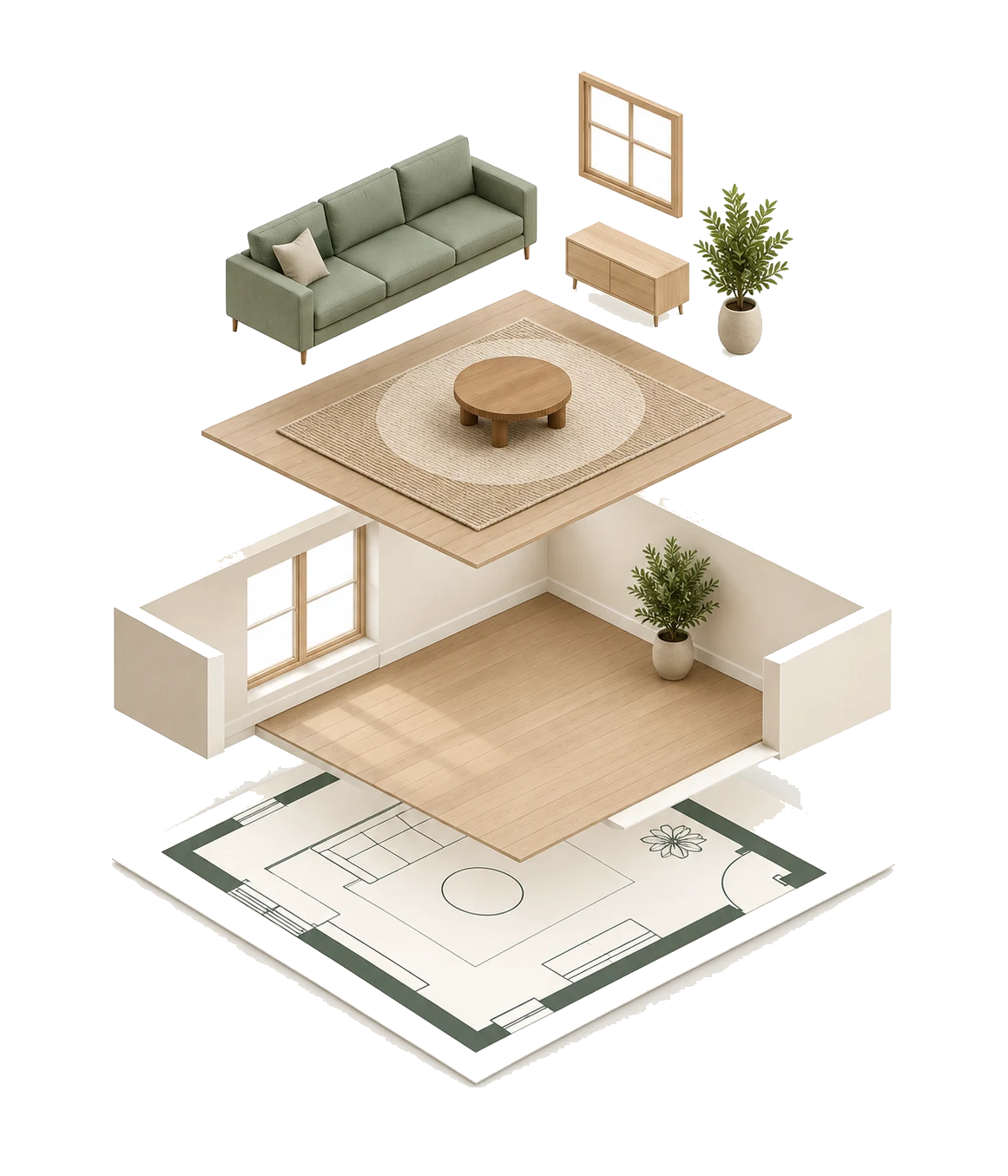 Floor plan transformed into a 3D room structure