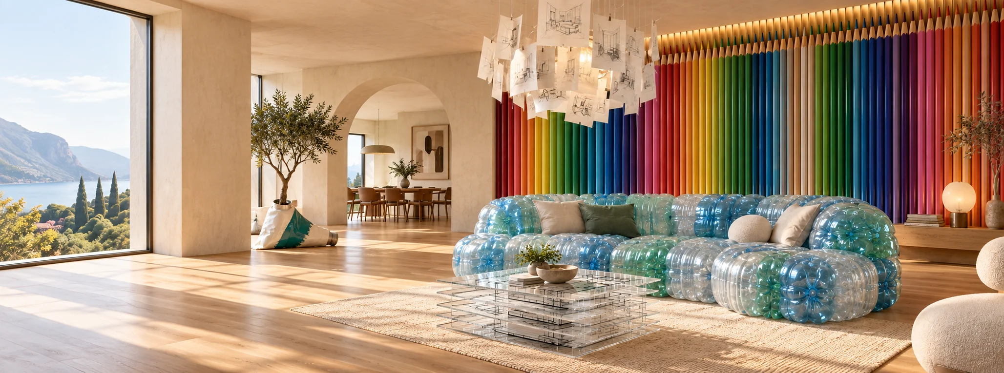 Imaginative interior with a wall made from colored pencils and a sofa made from translucent recycled bottles