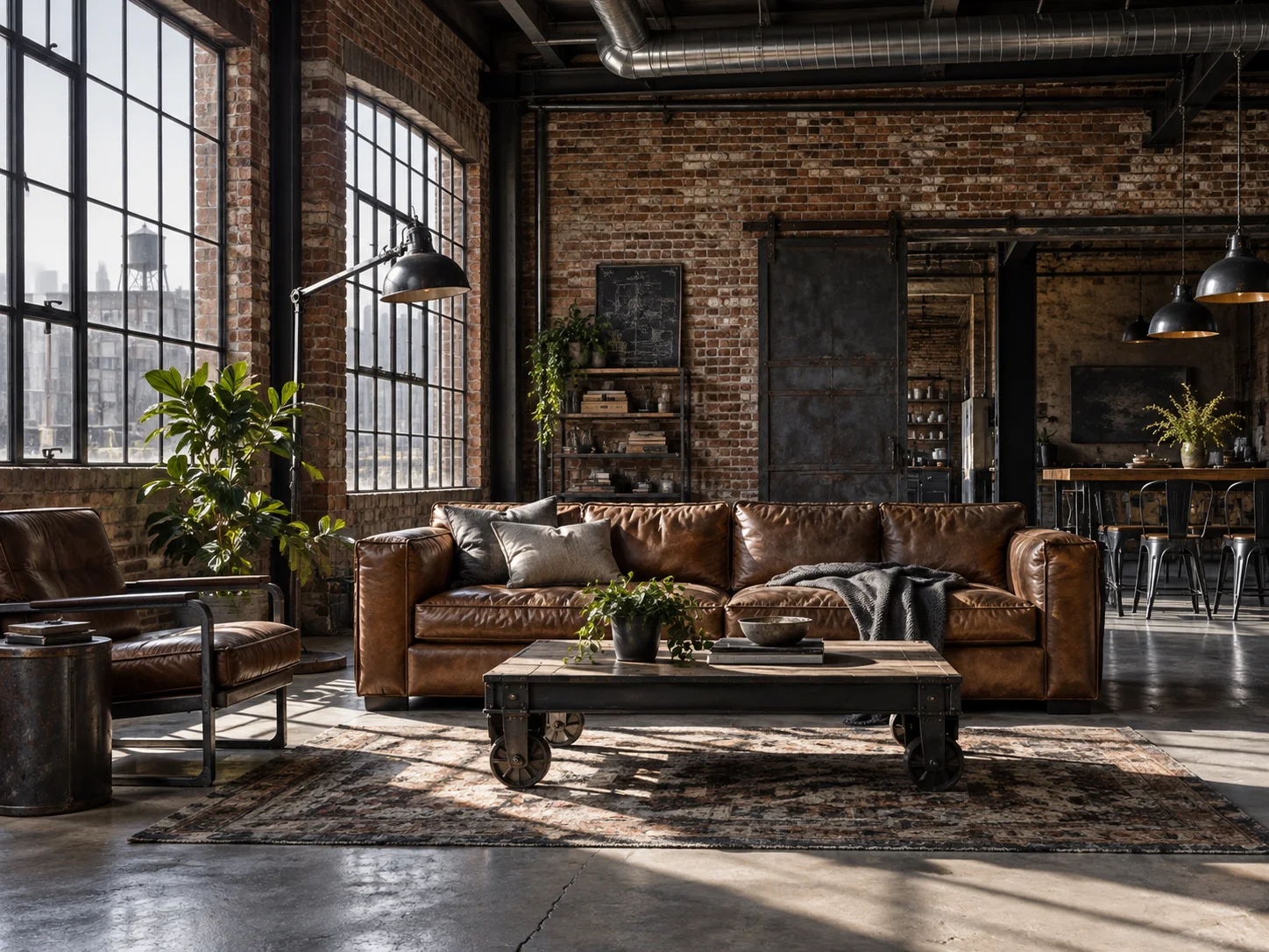 Industrial loft with exposed brick, steel windows and cognac leather furniture