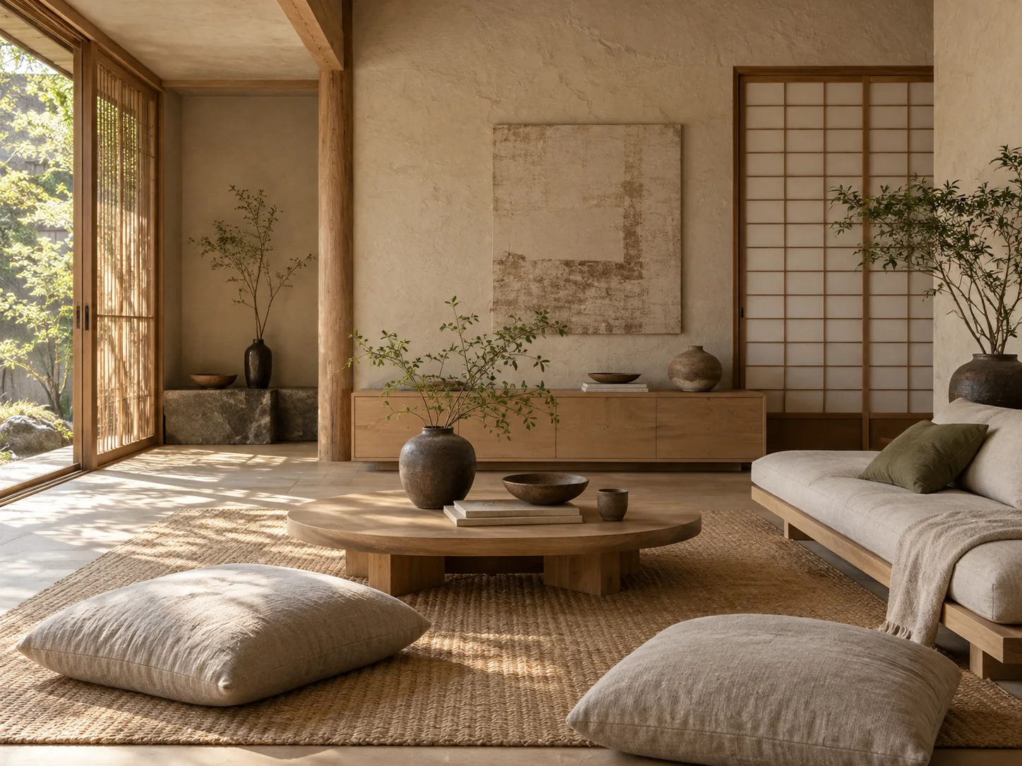 Japandi living room with warm oak, shoji screens and low furniture