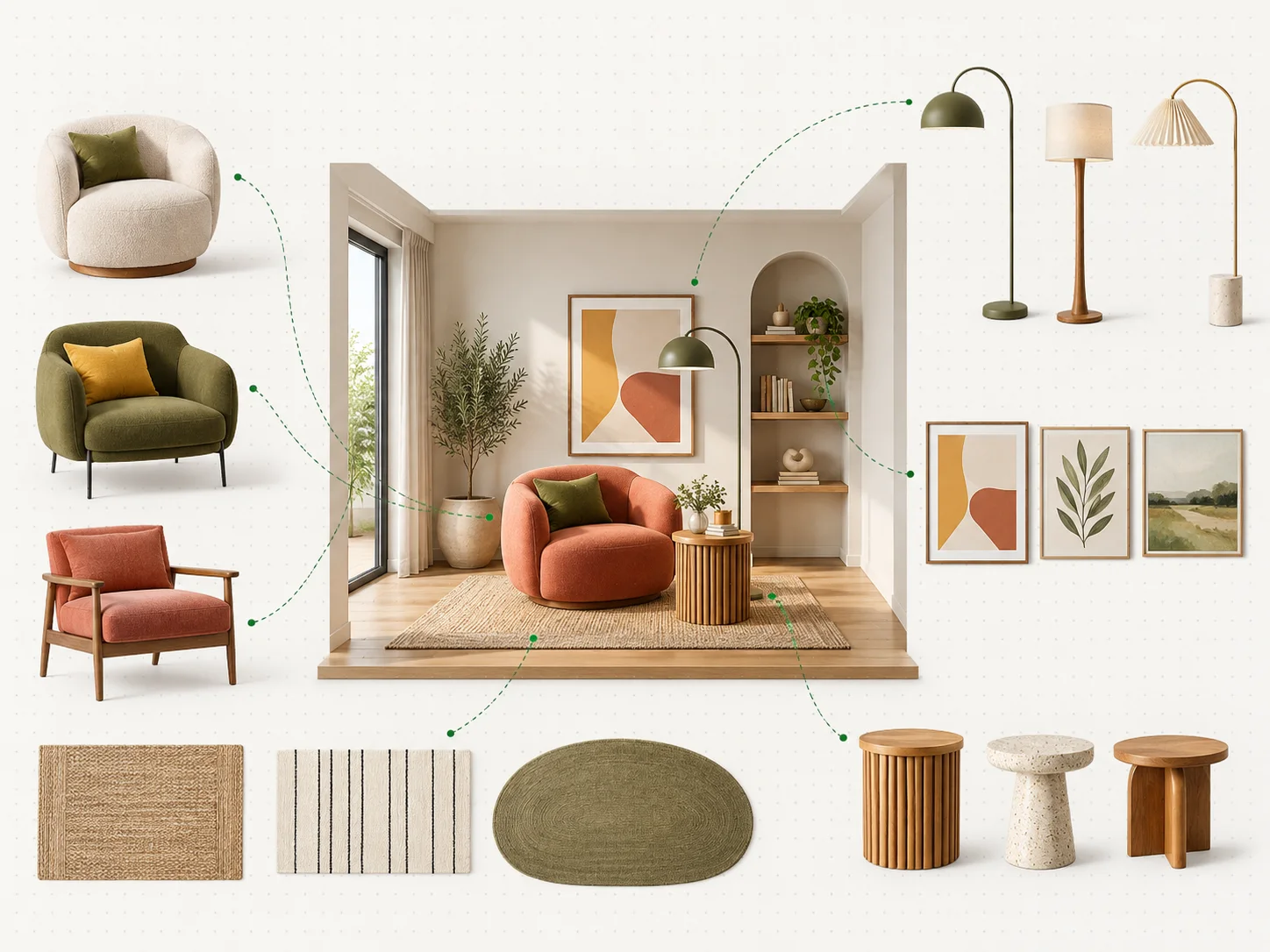Furniture, lighting, rugs and artwork arranged around a room concept