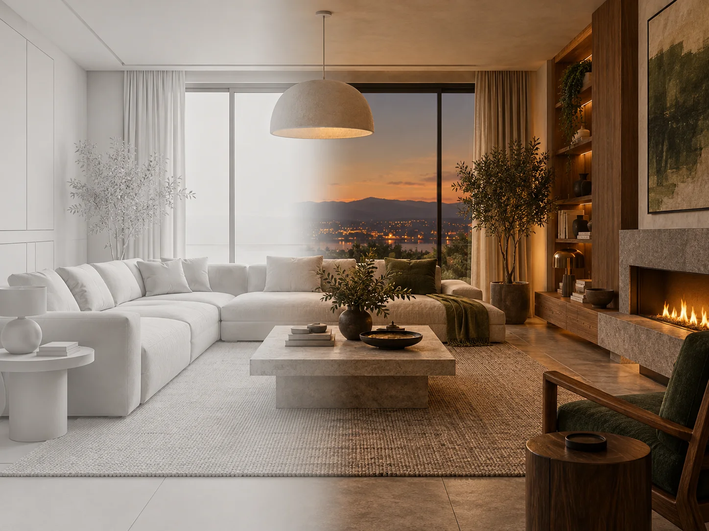 Clay render transitioning into a polished photorealistic interior