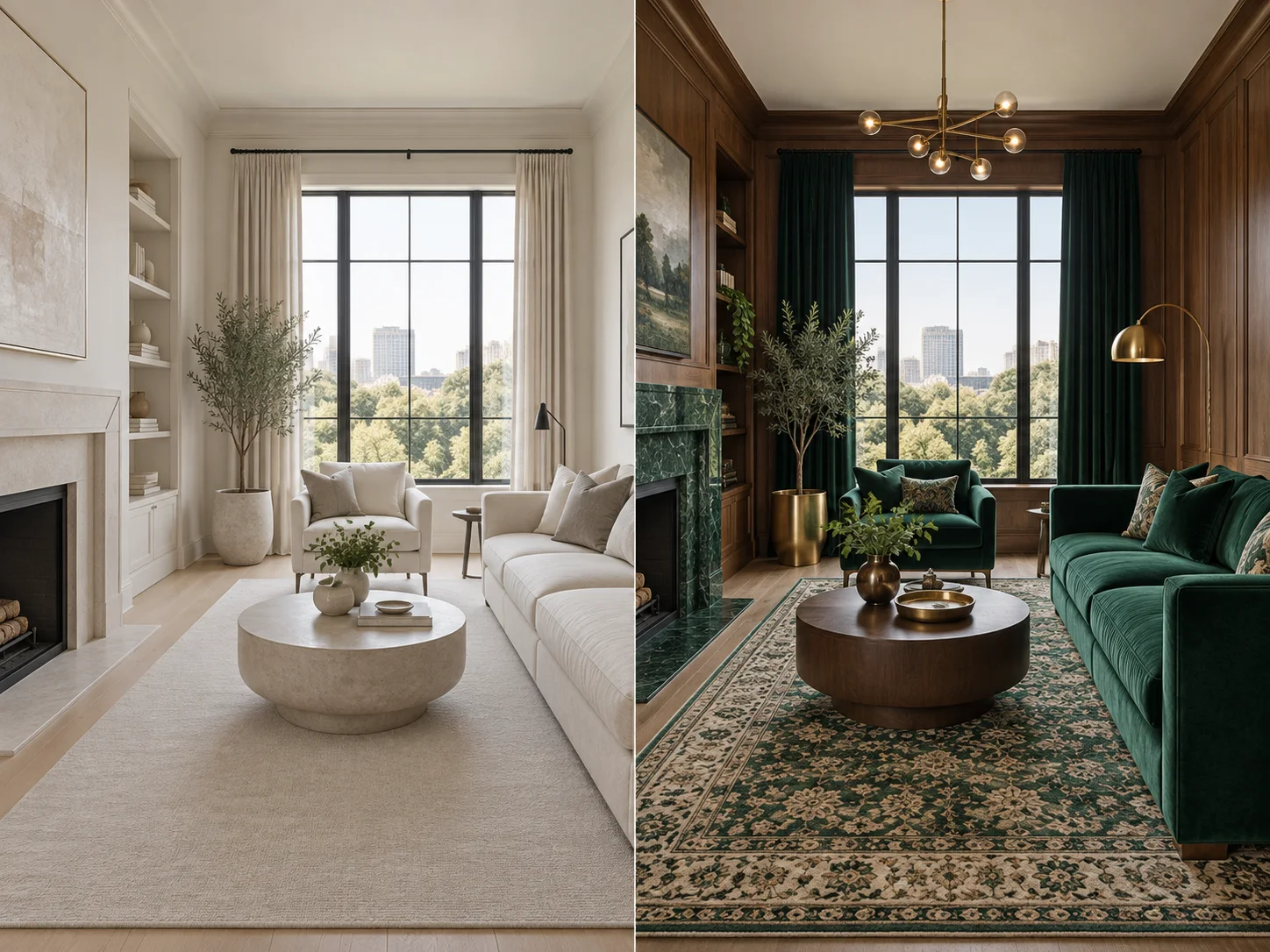 Before and after view showing a room changed from neutral to emerald and walnut