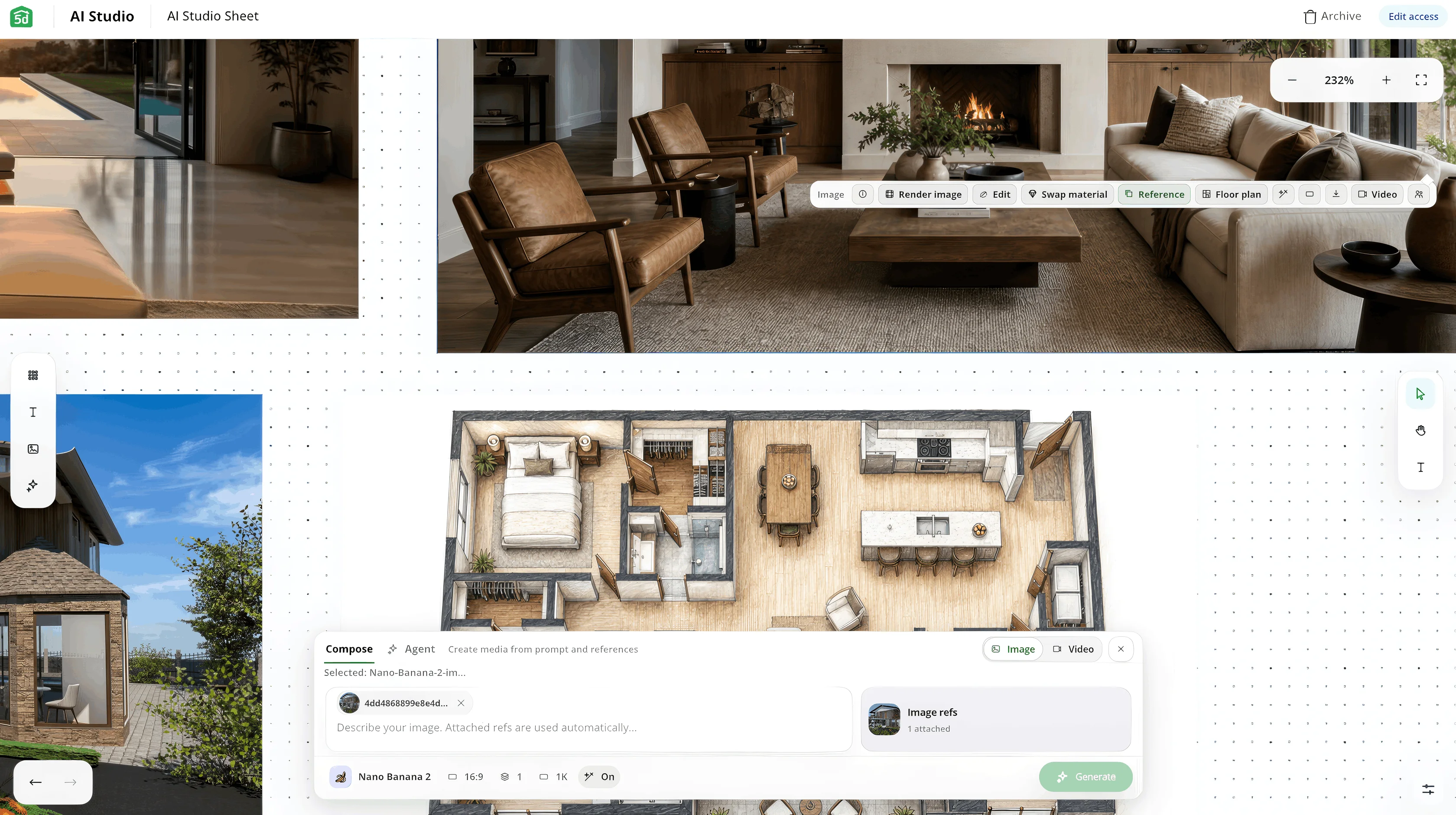 Planner 5D AI Interior Design Studio workspace with floor plans and rendered interiors