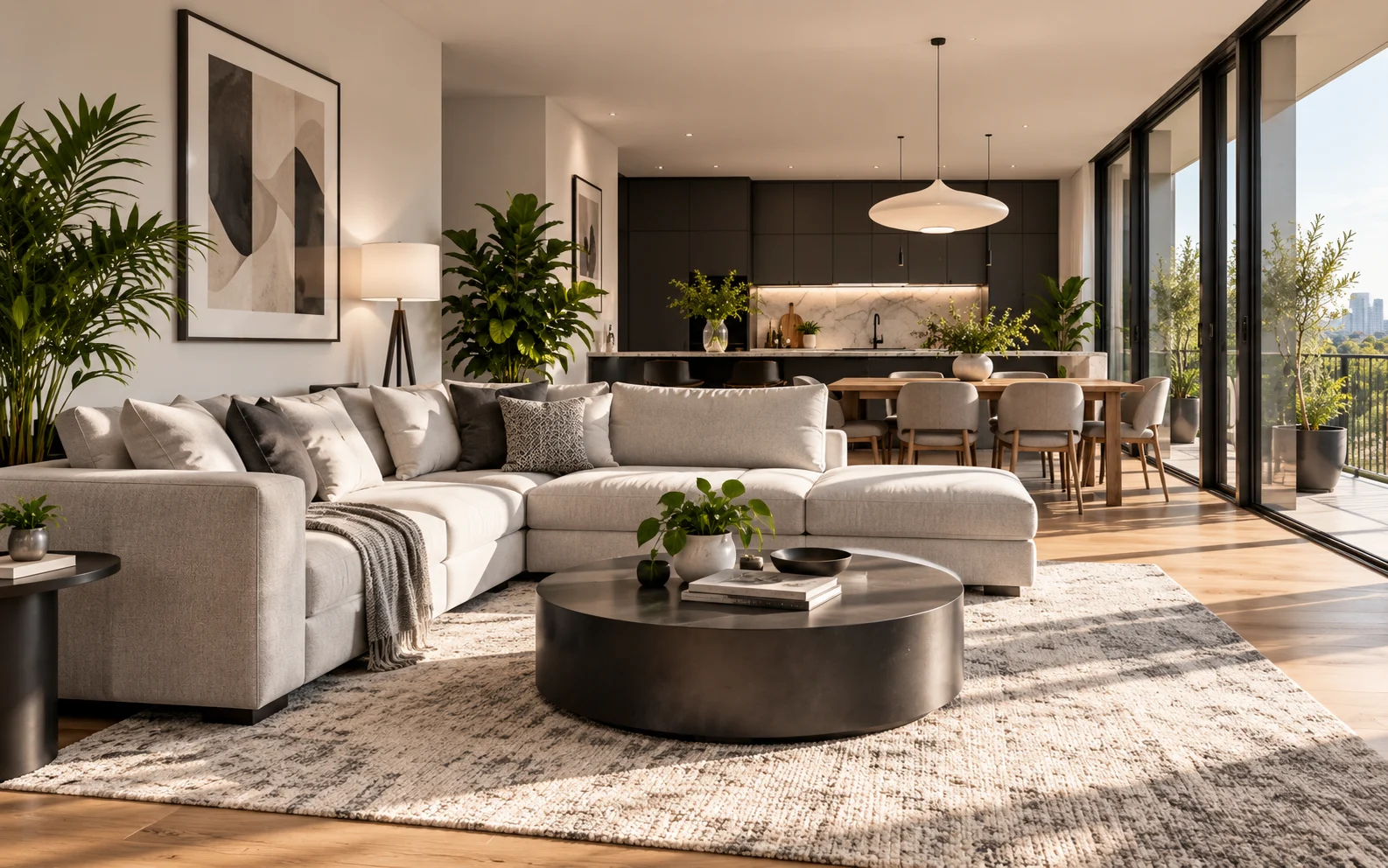 Illustrative warm neutral living room with oak finishes and an open dining area