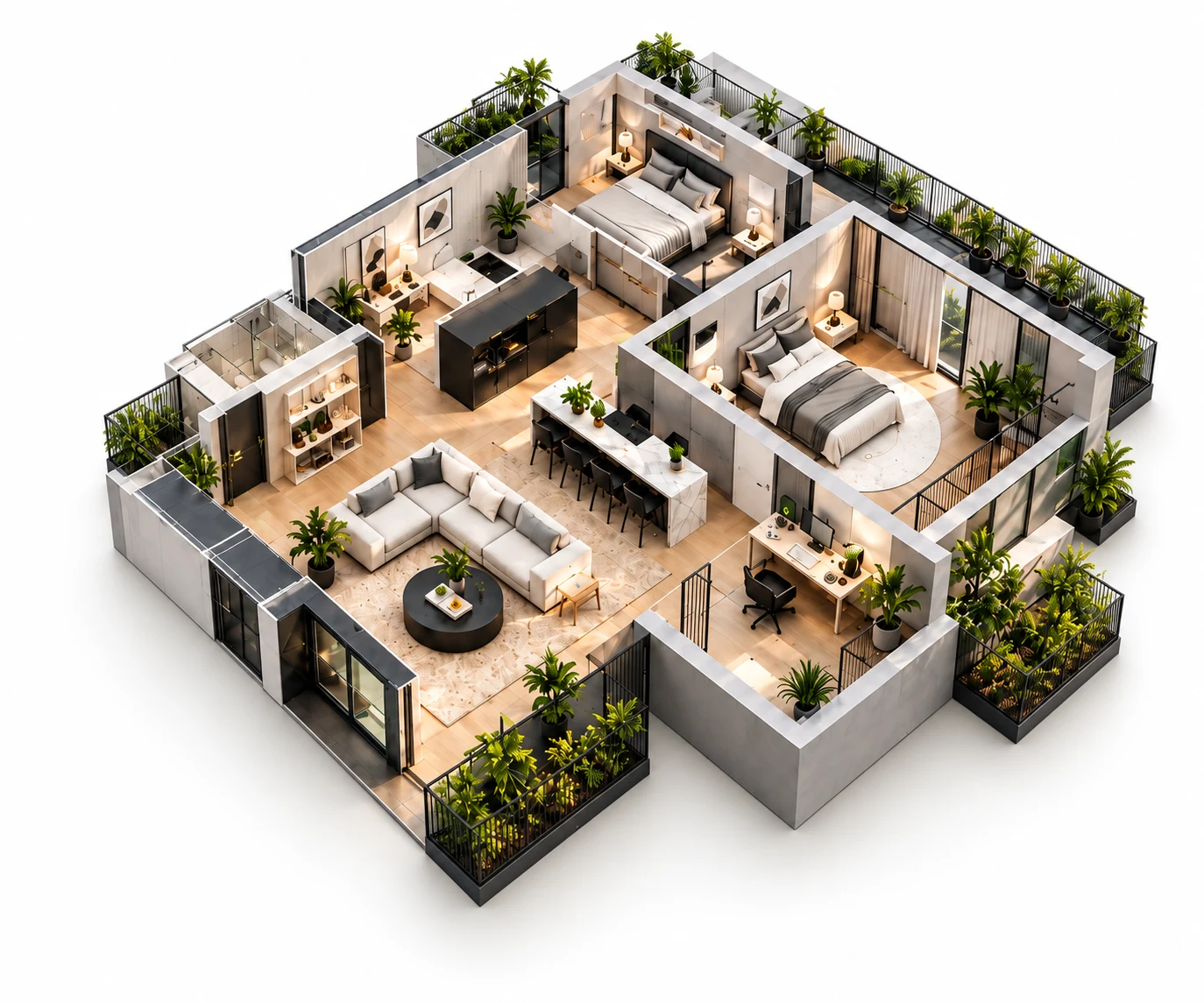 Illustrative furnished 3D apartment with bedrooms, an open living and dining area and planted terraces