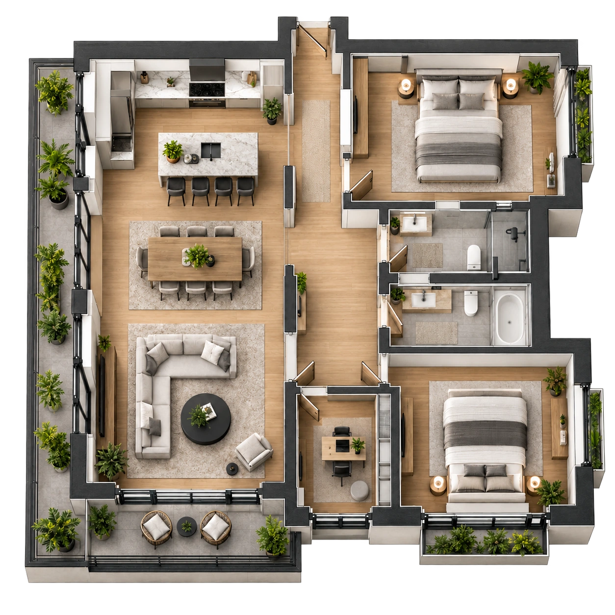 Illustrative furnished overhead view of the example apartment