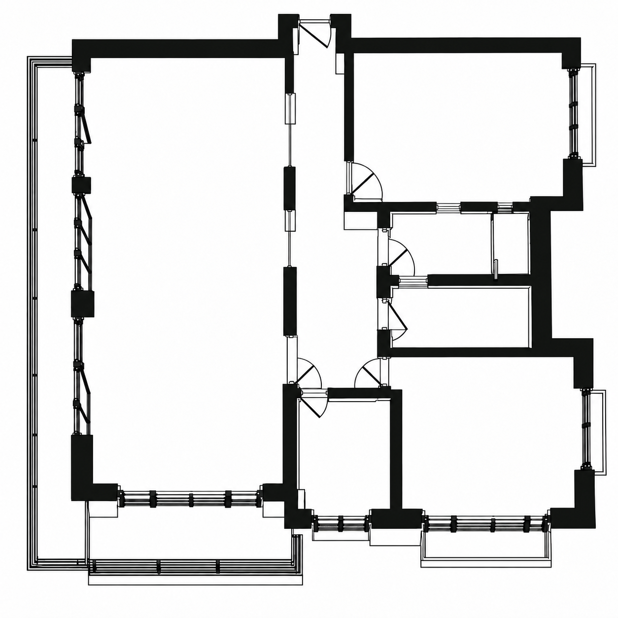 Illustrative empty apartment floor plan with walls, doors and windows, without furniture