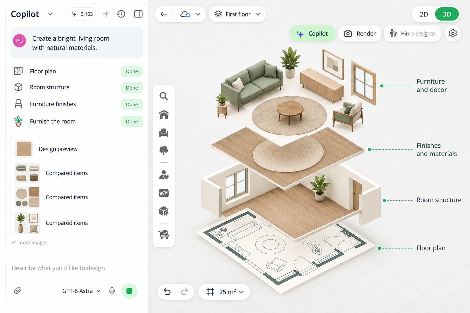 Planner 5D Copilot editor illustration showing furniture and decor, finishes and materials, room structure, and floor plan layers