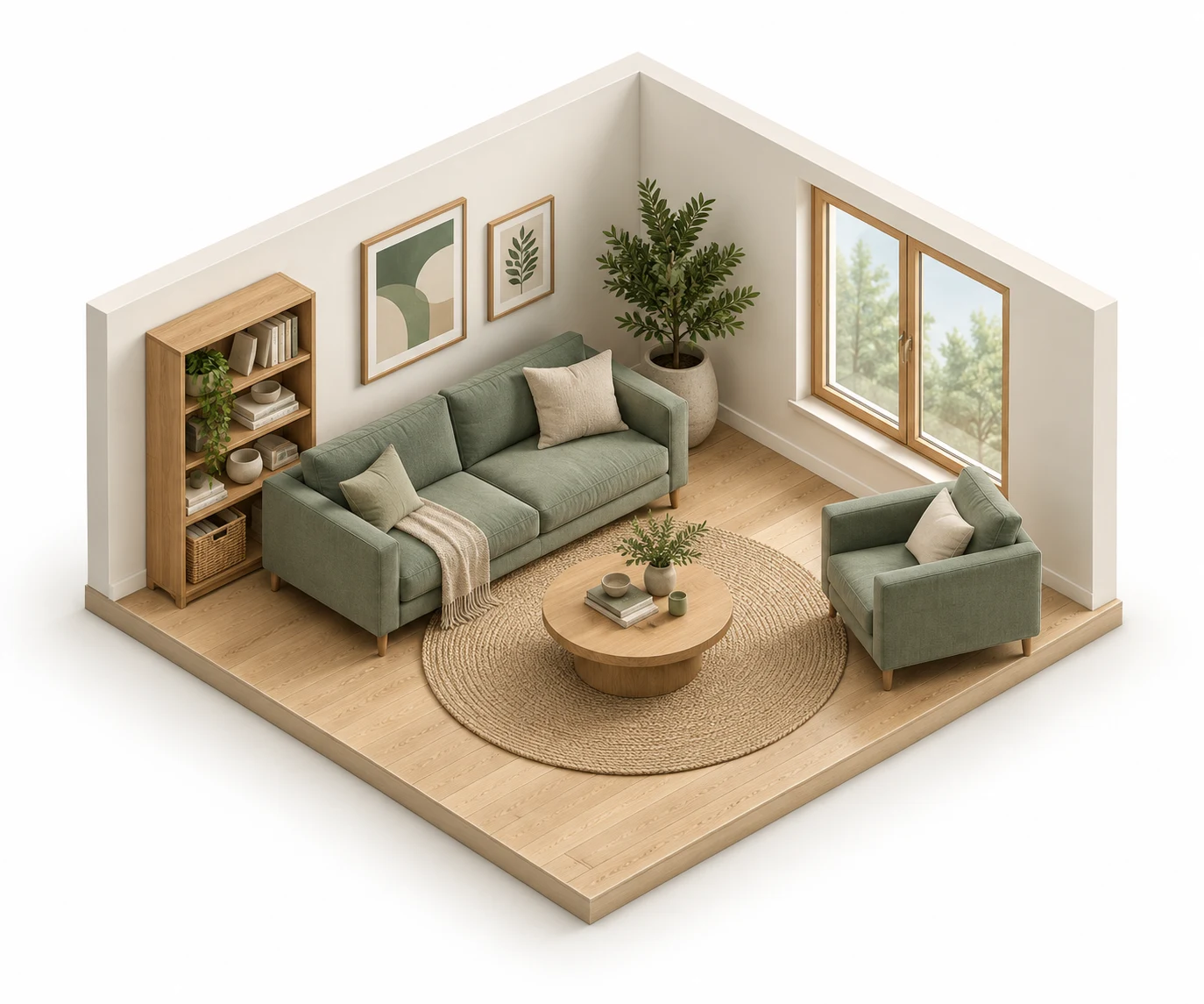 Isometric 3D room illustration with sage furniture and oak finishes